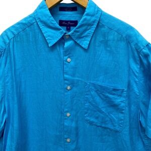 Alan Flusser Linen Shirt Mens Medium Blue Short Sleeve Button Up Casual Summer